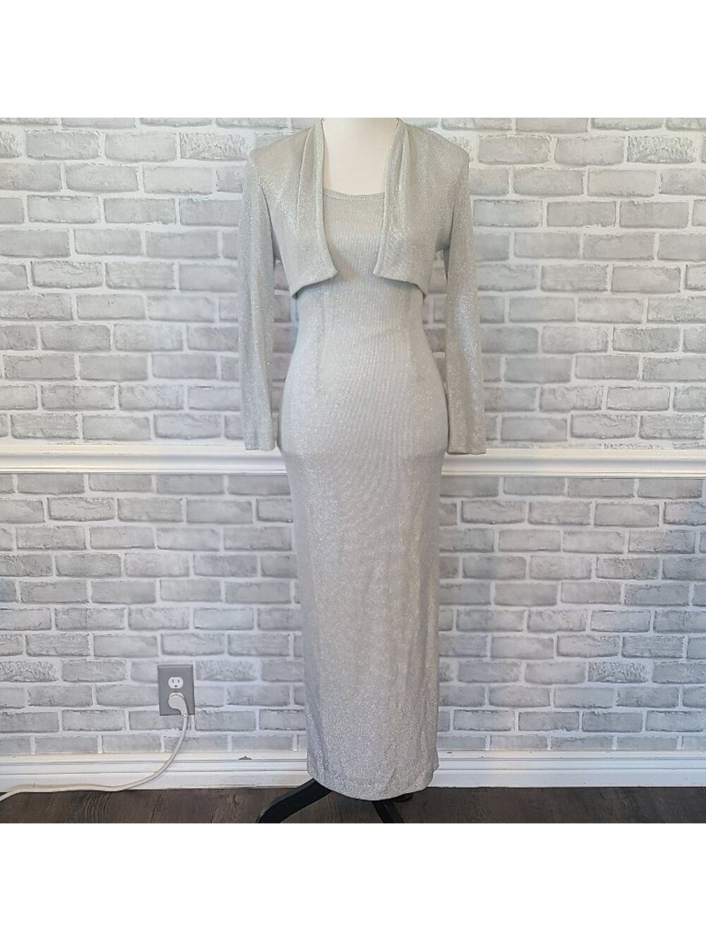 Vtg Dave & Johnny Y2K Metallic Silver Dress and Jacket Bodycon Prom Dance Glam